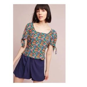 Anthropologie Maeve Adley Tie-Sleeve Floral Print Crop Top Blouse